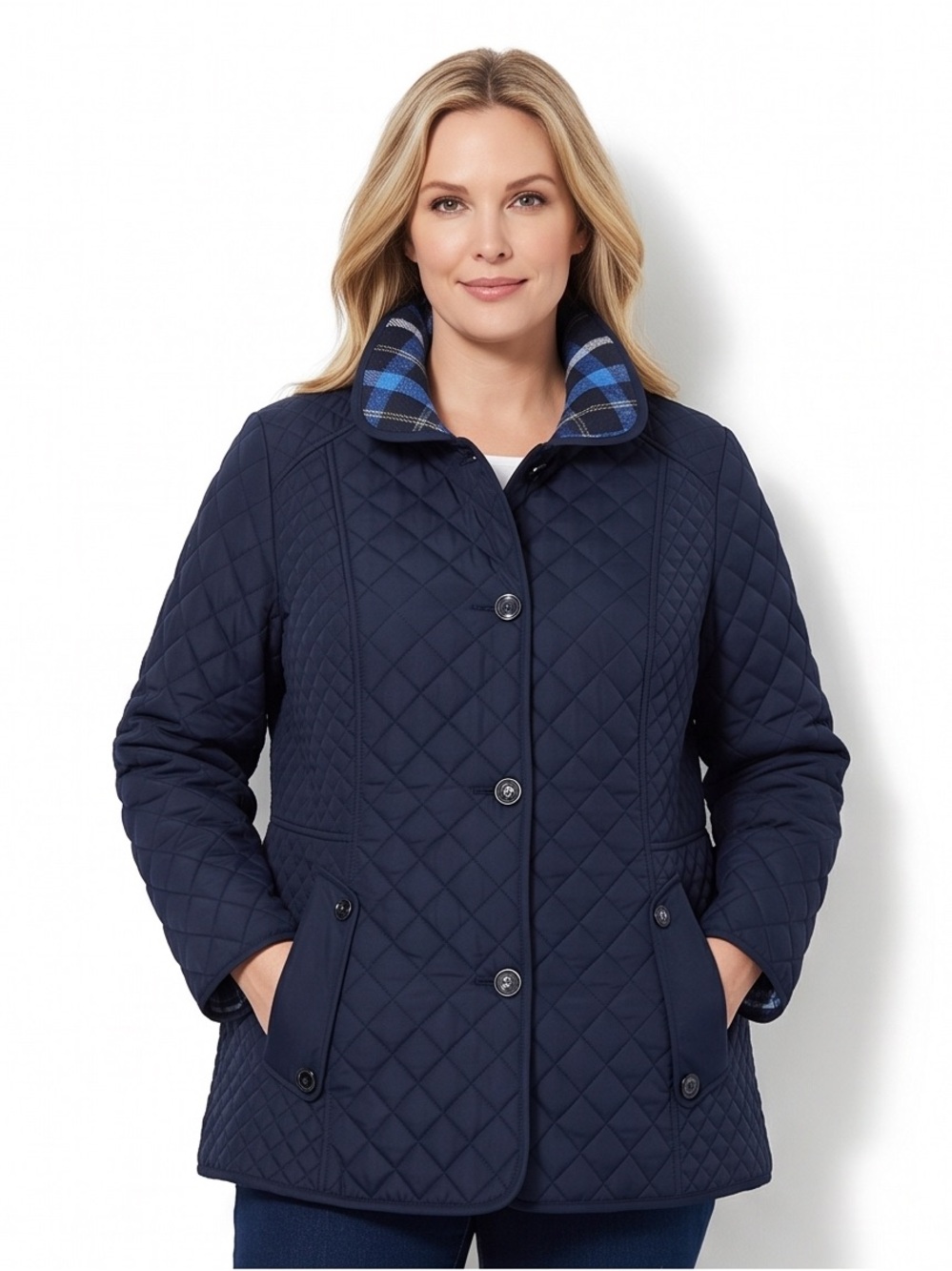 Liz Claiborne Women’s 3X Navy Quilted Jacket Plaid Lining Button Front